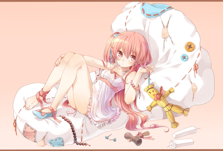 ankle_ribbon, bare_shoulders, barefoot, beads, blush, bracelet, candle, dress