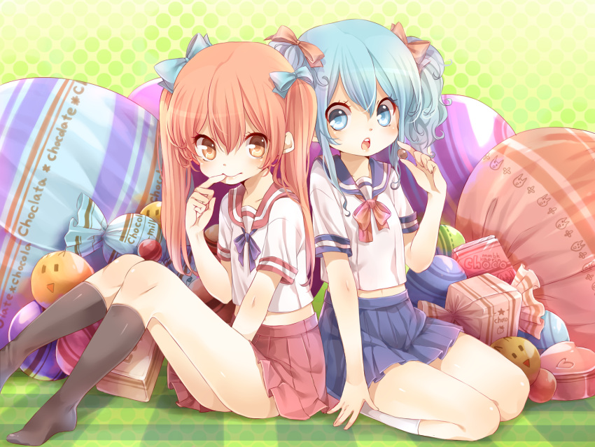 aihara_kaori, blue_hair, blush, collarbone, food, highres, holding, kneehighs