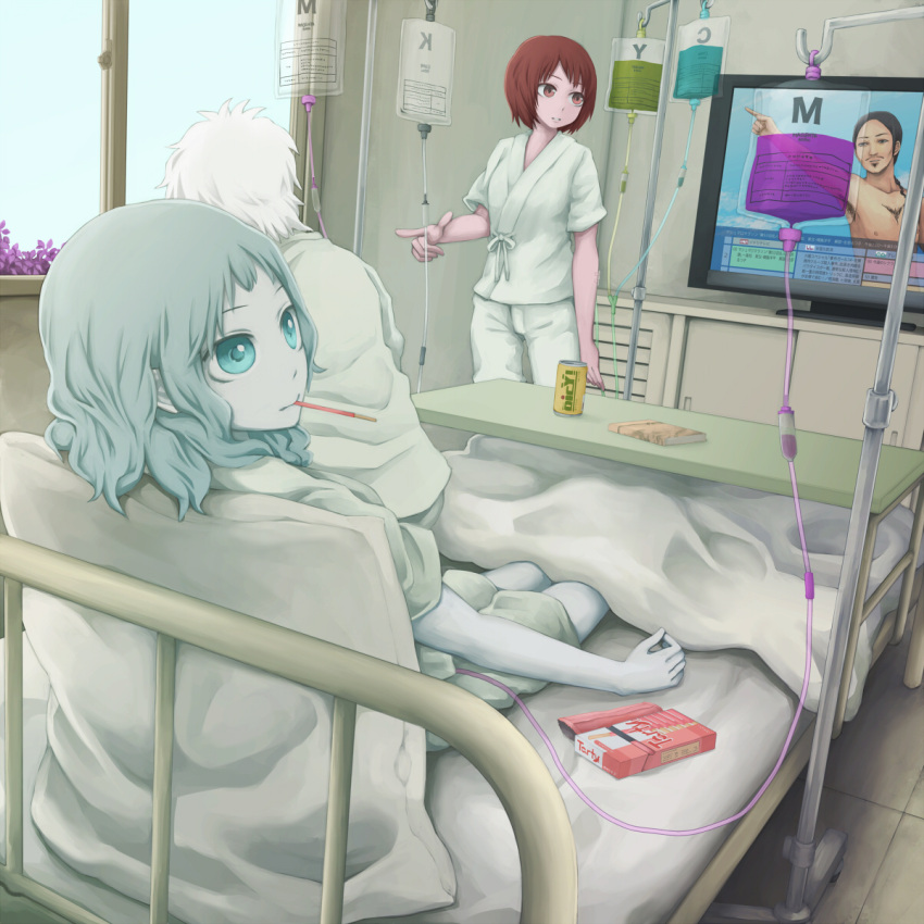 2girls, 3girls, albino, armpit_hair, bed, bed_sheet, black_hair, blue_eyes