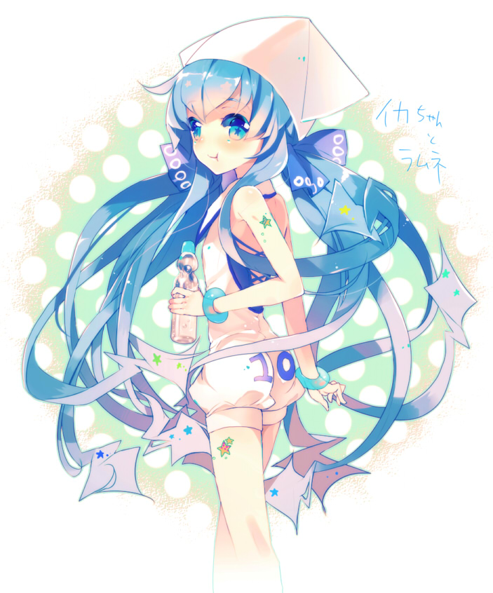 blue_eyes, blue_hair, bow, hair_bow, hat, ikamusume, long_hair, r0c