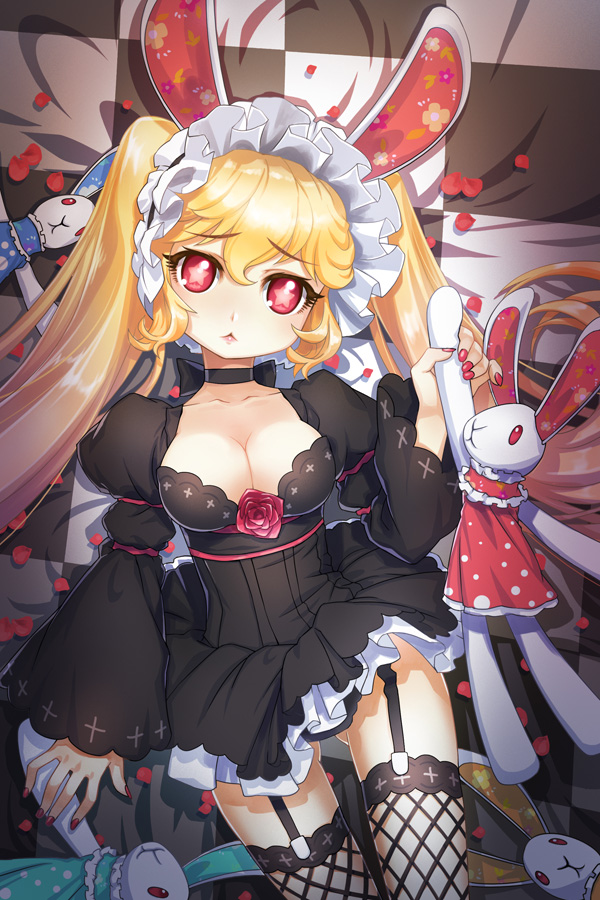 animal_ears, black_legwear, blonde_hair, breasts, bunny, bunny_ears, cat_shi, checkered