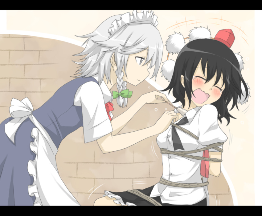 :d, apron, black_hair, blush, bondage, braid, chair, closed_eyes