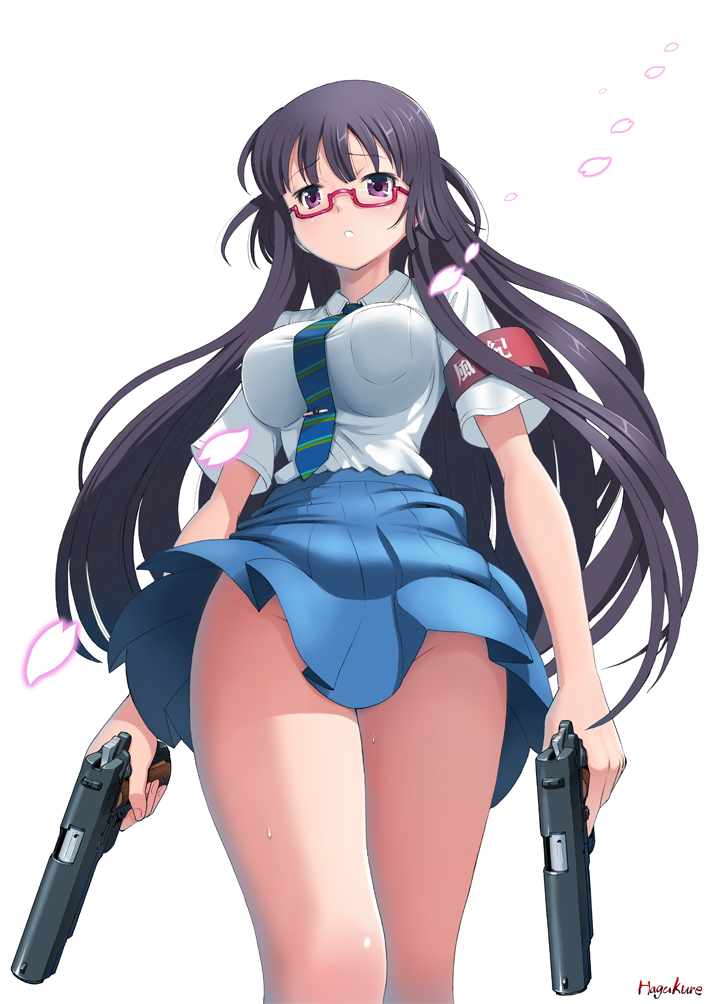 1girl, armband, artist_name, black_hair, breasts, cocked_hammer, dual_wielding, glasses