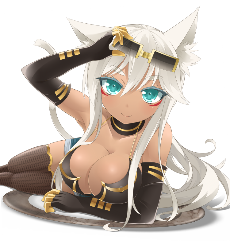 animal_ears, aqua_eyes, arm_support, bare_shoulders, breasts, cat_ears, cleavage, dark_skin