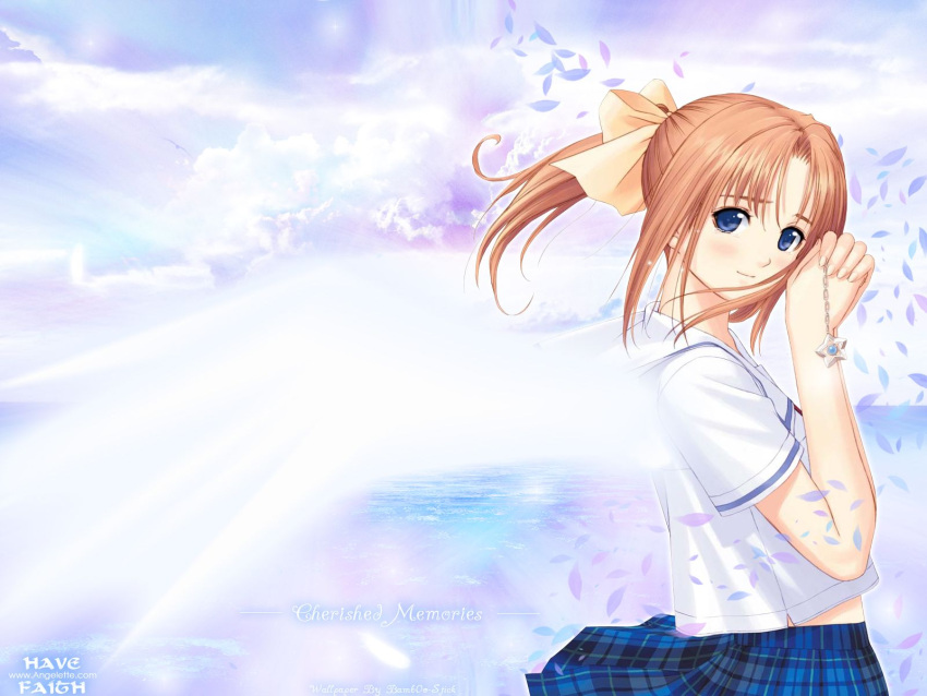 after_sweet_kiss, angel_wings, bird, blue_eyes, brown_hair, chain, cloud, clouds