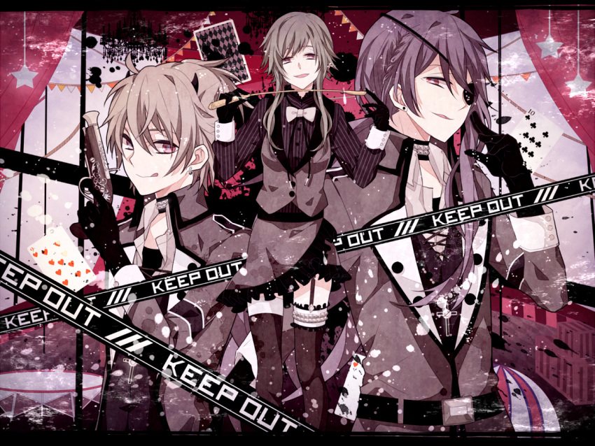 2boys, :q, bowtie, eyepatch, garter_straps, gloves, gumi, kagamine_len