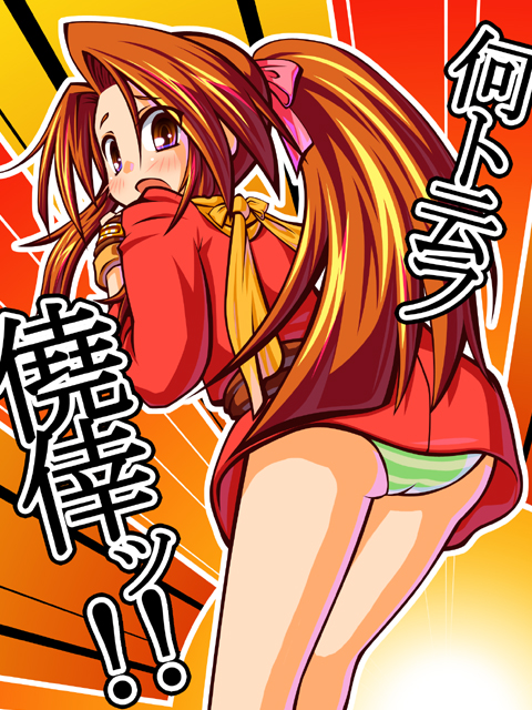 blush, brown_eyes, brown_hair, houjou_yuu, long_hair, panties, ponytail, striped, striped_panties, suzu_fujibayashi, tales_of_(series), tales_of_phantasia, translation_request, underwear