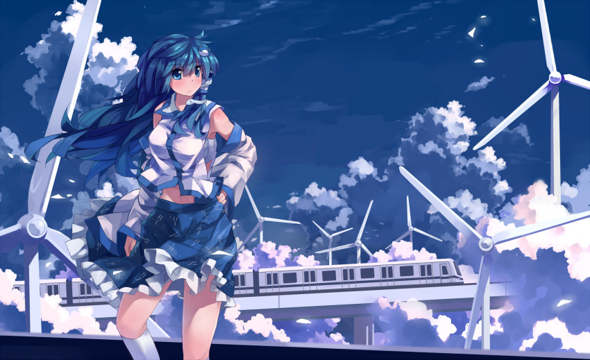 bare_shoulders, blue_eyes, blush, breasts, cloud, clouds, detached_sleeves, frog_hair_ornament, green_hair, hair_ornament, hand_on_hip, highres, hips, kneehighs, kochiya_sanae, landscape, long_hair, navel, nodata, sarashi, sky, snake, solo, touhou, train, very_long_hair, white_legwear, wind_turbine, windmill