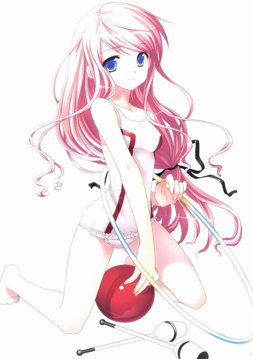 1girl, absurdres, artist_request, ball, bare_shoulders, blue_eyes, exercise_ball, gymnastics, hair_ornament, highres, hoop, hula_hoop, juggling_club, kasukabe_akira, leotard, long_hair, pink_hair, rhythmic_gymnastics, ribbon, sakura_nanako, sakura_sakura, smile, solo, source_request
