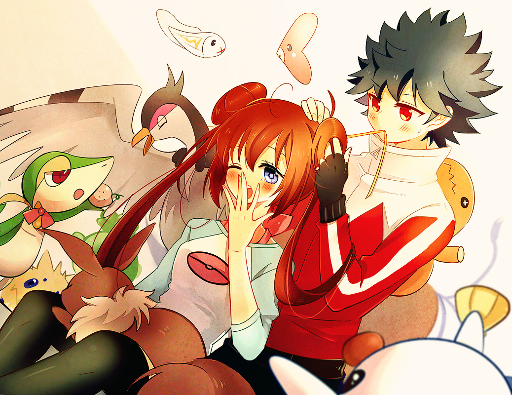 1boy, 1girl, black_hair, black_legwear, blue_eyes, blush, brown_hair, couple, double_bun, eevee, fingerless_gloves, gloves, hairdressing, hue_(pokemon), jacket, joltik, long_hair, luvdisc, mei_(pokemon), no_headwear, oshawott, pantyhose, pokemon, pokemon_(creature), pokemon_(game), pokemon_bw2, raglan_sleeves, red_eyes, ribbon, sekimo, snivy, spiked_hair, spiky_hair, tranquill, trapinch, tynamo, yawning