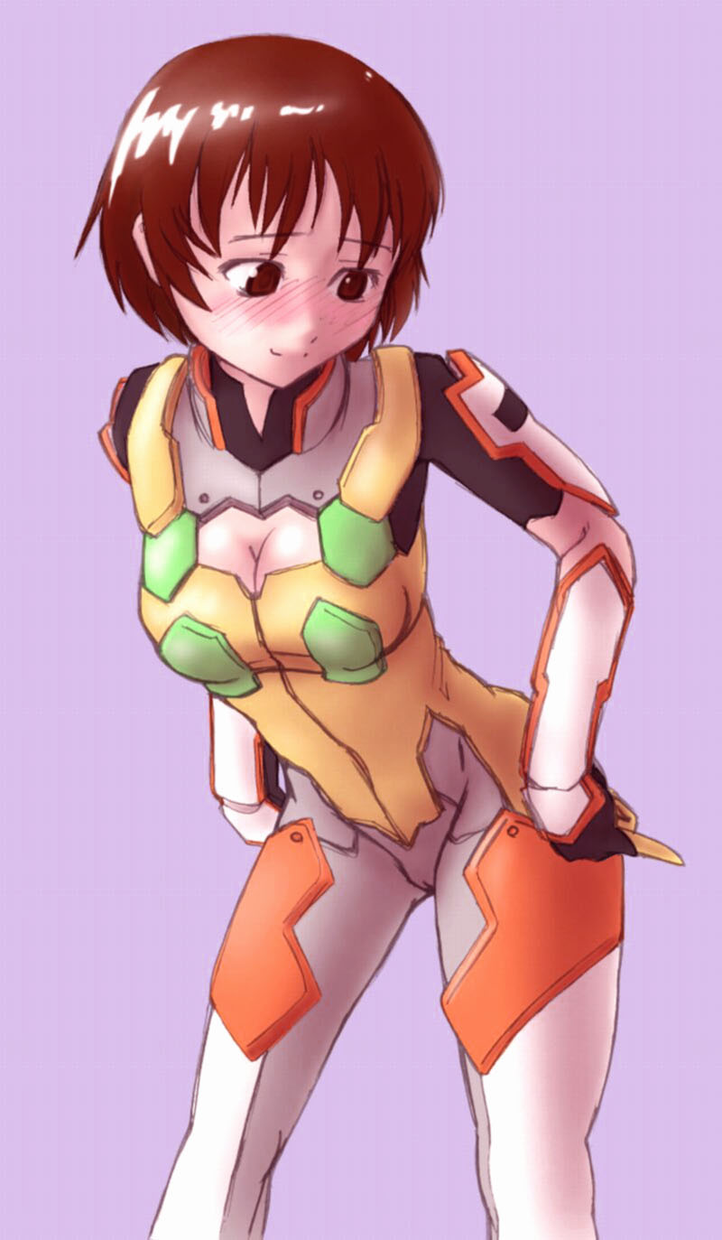 blush, bodysuit, breasts, brown_eyes, brown_hair, cleavage, highres, kaminagi_ryouko