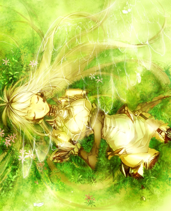 amputee, android, broken, closed_eyes, elbow_gloves, eyes_closed, flower, gloves