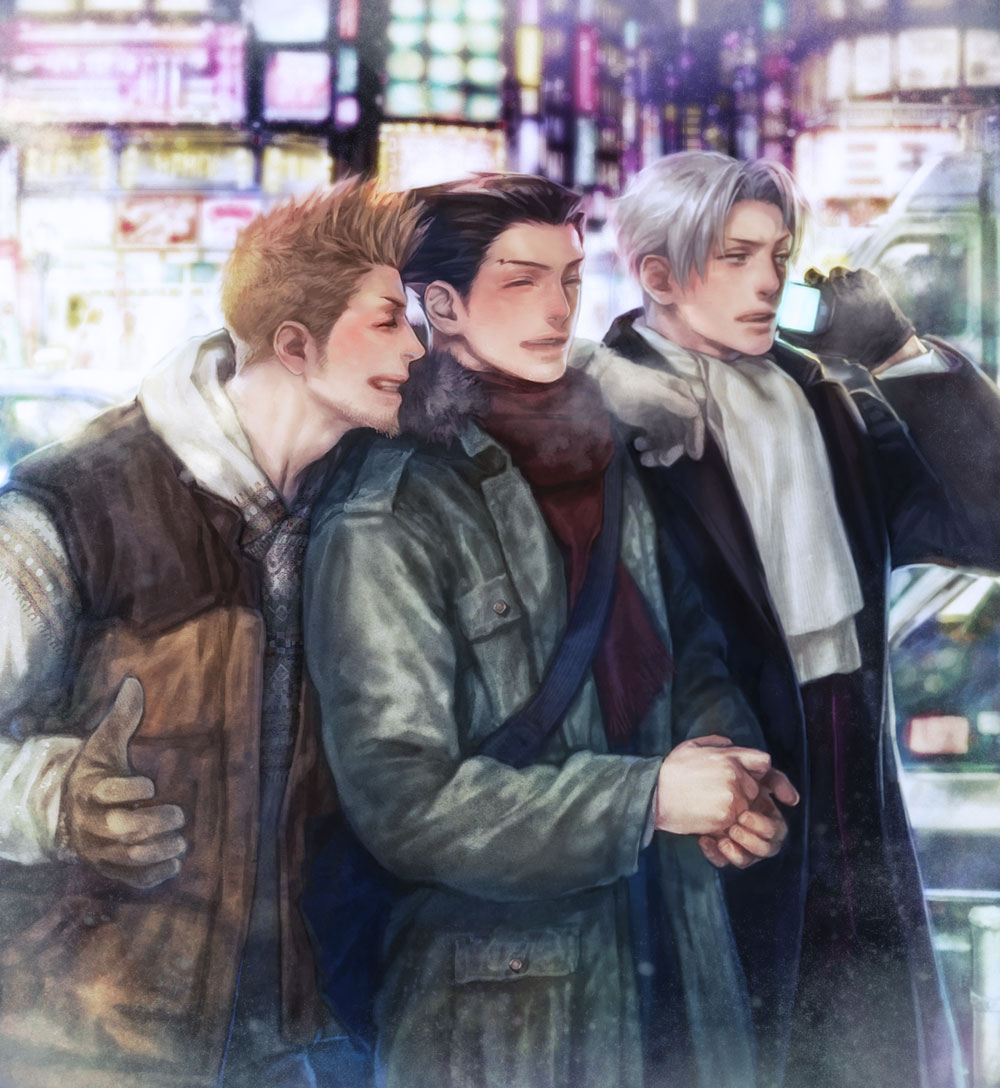 a_k_i, black_hair, breath, brown_hair, casual, city, coat, facial_hair