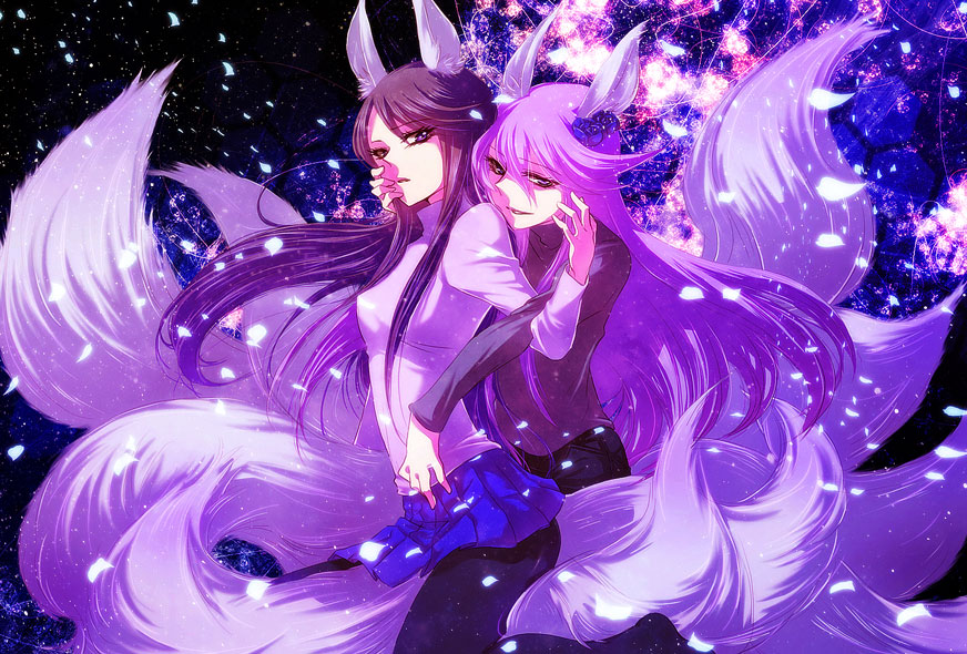 animal_ears, cure_moonlight, dual_persona, fox_ears, fox_tail, hand_on_another's_face, hand_on_another's_face, heartcatch_precure!, hug, hug_from_behind, ivory_(25680nico), long_hair, multiple_girls, petals, precure, purple_hair, tail, tsukikage_yuri, yuri