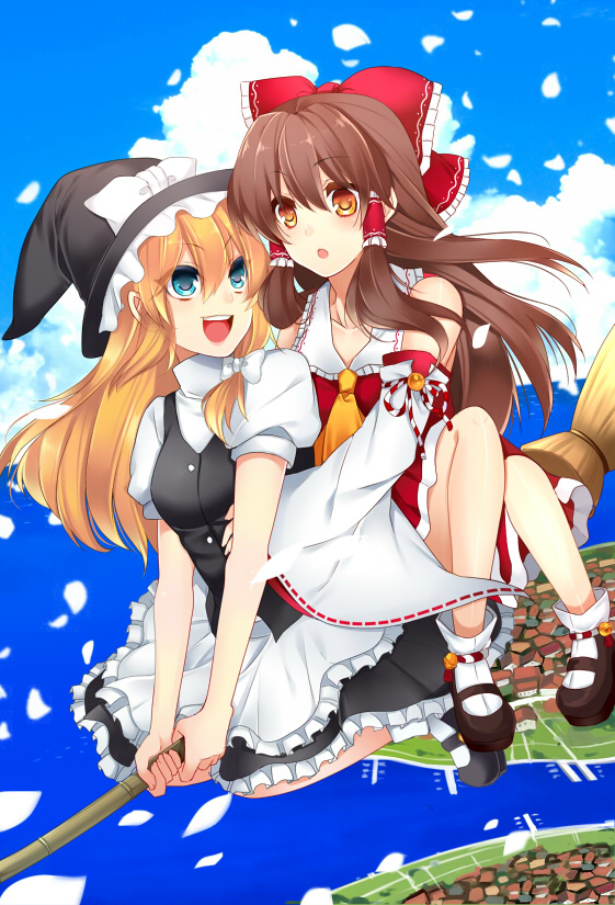 apron, aqua_eyes, ascot, blonde_hair, blush, bow, broom, brown_hair