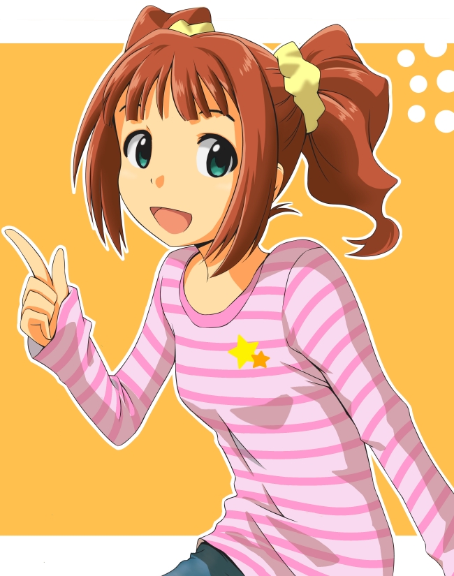 green_eyes, idolmaster, orange_hair, rokusyo, scrunchie, shirt, smile, star