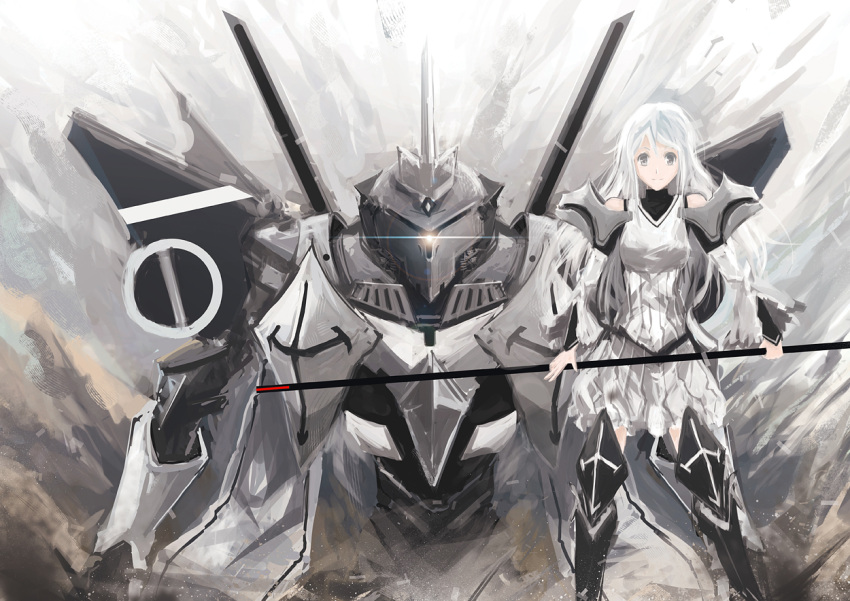 armor, arufa_(hourai-sugar), gray_eyes, long_hair, mecha, original, weapon, white_hair