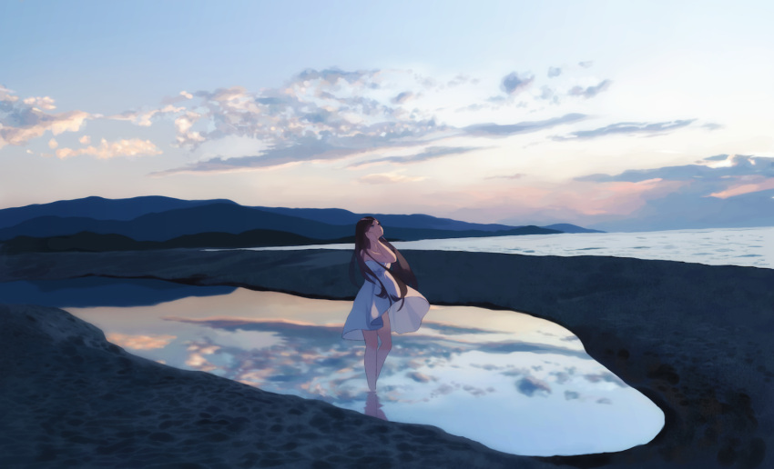 adjusting_hair, black_hair, blue_eyes, cloud, dress, dusk, haruwakame, landscape