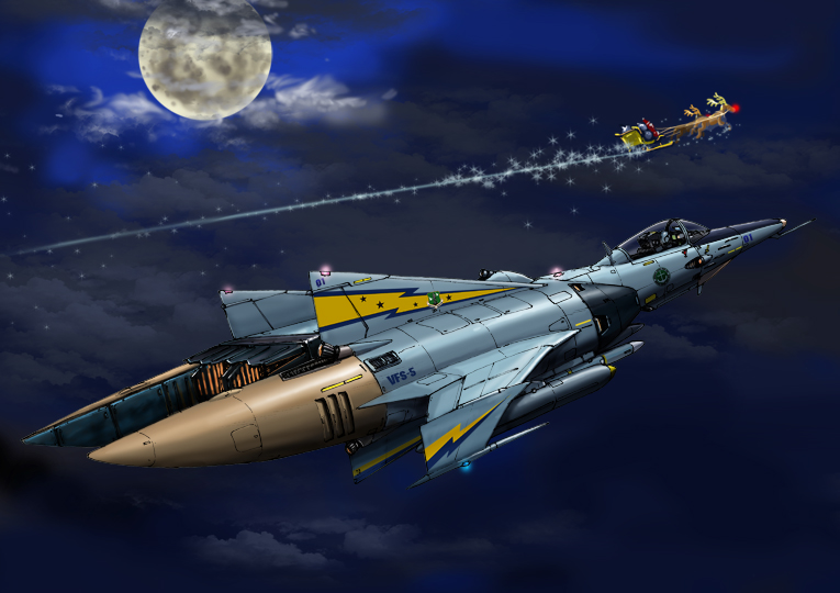 airplane, christmas, cloud, cosmo_tiger, jet, moon, night, oldschool