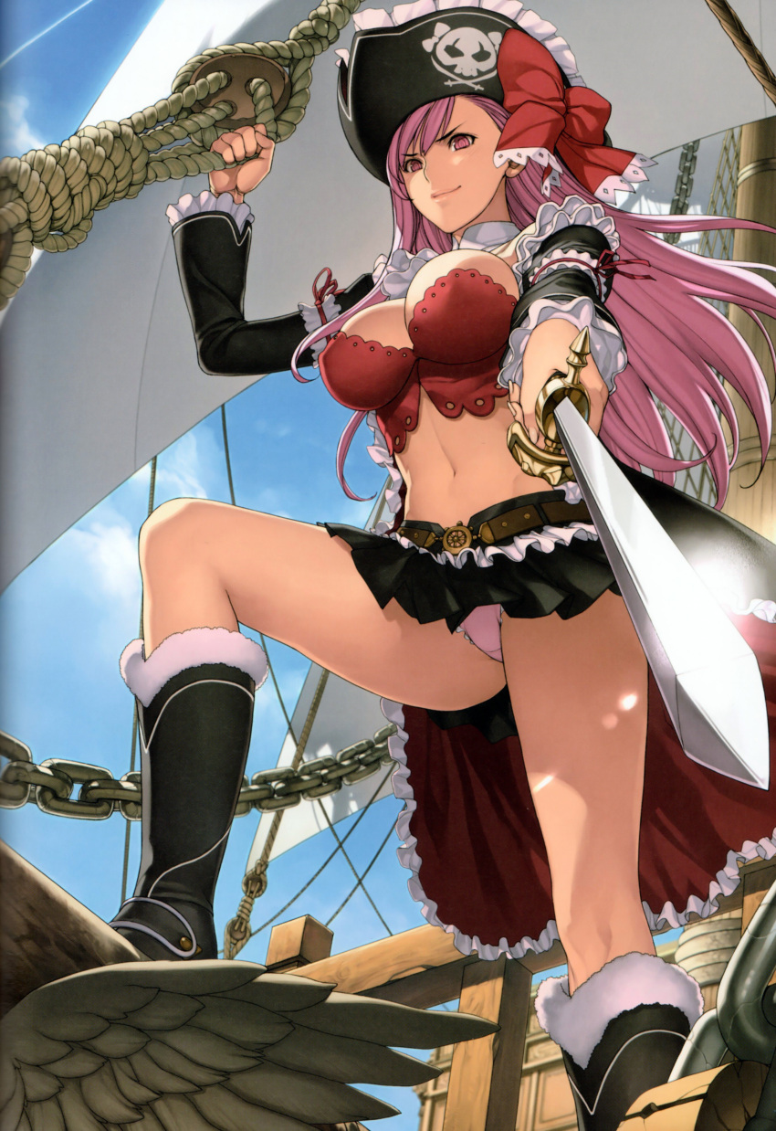absurdres, boots, bow, breasts, bustier, captain_liliana, cleavage, cloud