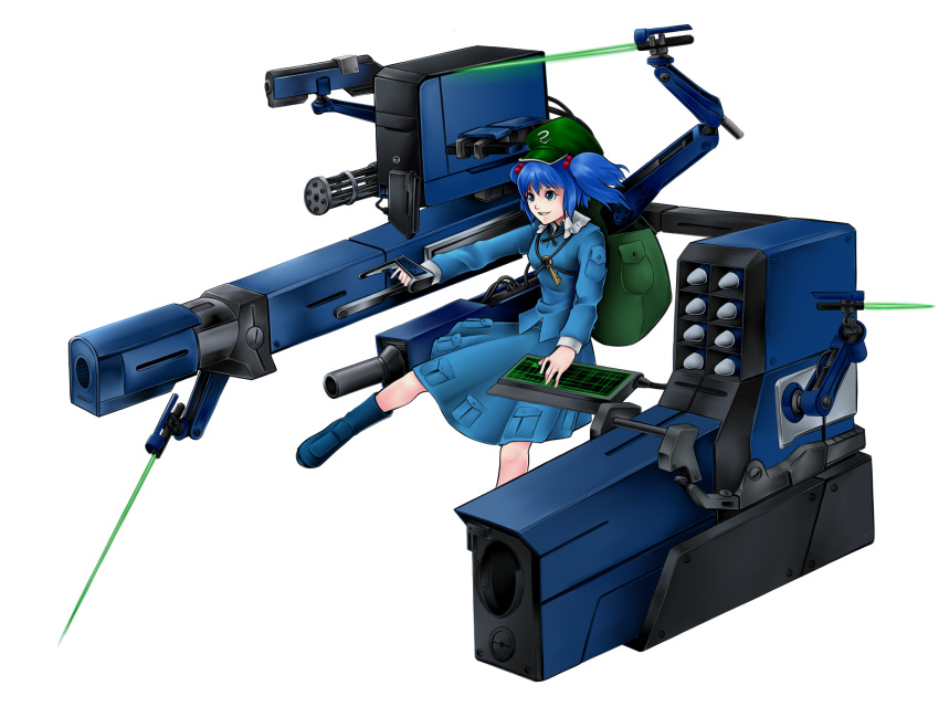 backpack, bag, blue_eyes, blue_hair, computer_keyboard, energy_sword, gatling_gun, gun