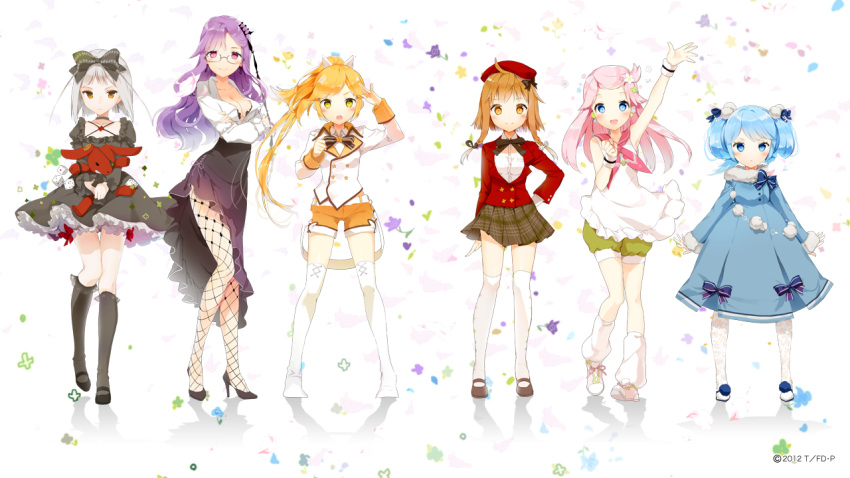 6+girls, :d, akari_(fantasista_doll), anmi, arm_up, blonde_hair, blue_eyes, blue_hair