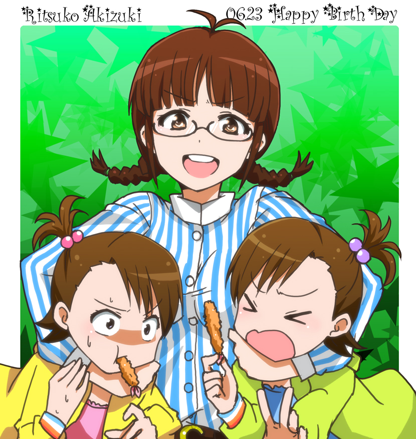 >_<, akizuki_ritsuko, asphyxiation, braid, brown_hair, character_name, choking, dated