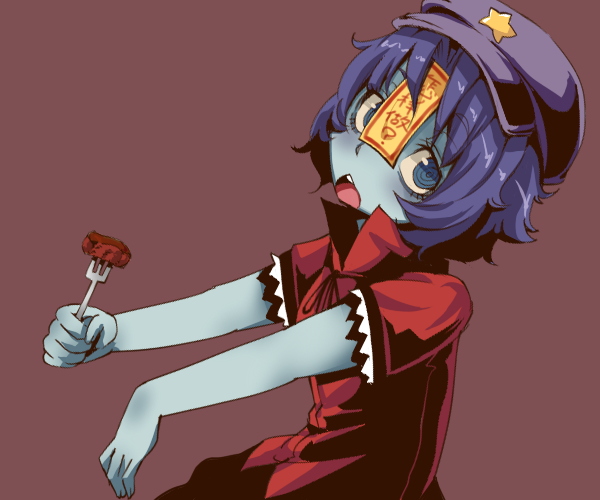 @_@, beret, blue_eyes, blue_hair, blue_skin, chinese_clothes, food, fork, hat, hosoi_kouzou, meat, miyako_yoshika, open_mouth, outstretched_arms, short_hair, solo, star, stitches, touhou, zombie_pose