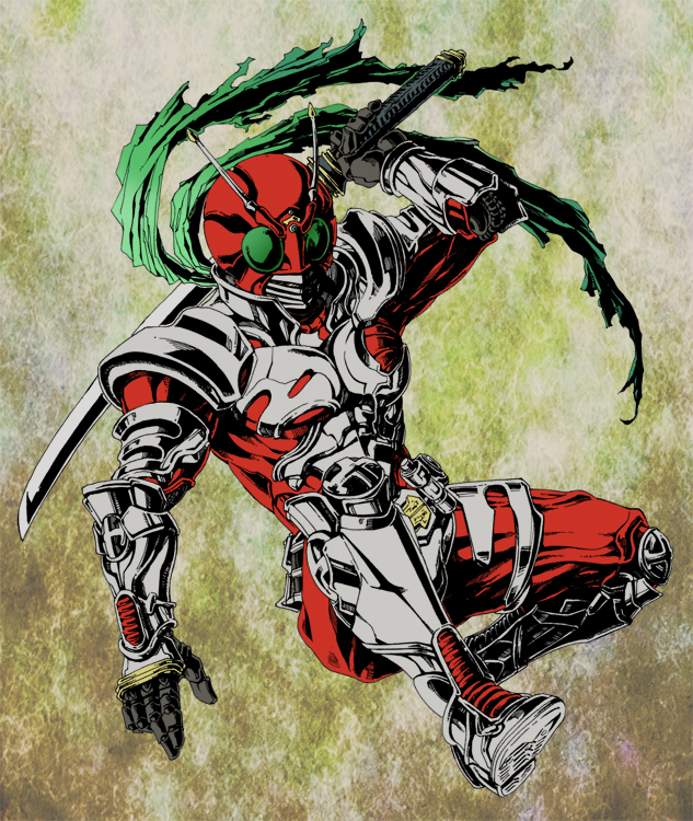 1boy, dutch_angle, kamen_rider, kamen_rider_zx, male, mannneri5, one_knee, scarf
