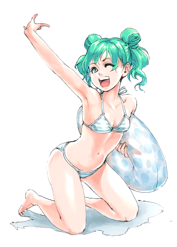 aoihon, armpits, bikini, double_bun, green_eyes, innertube, kneeling, navel, open_mouth, original, short_hair, smile, solo, striped, striped_bikini, striped_swimsuit, swimsuit, twintails, wink