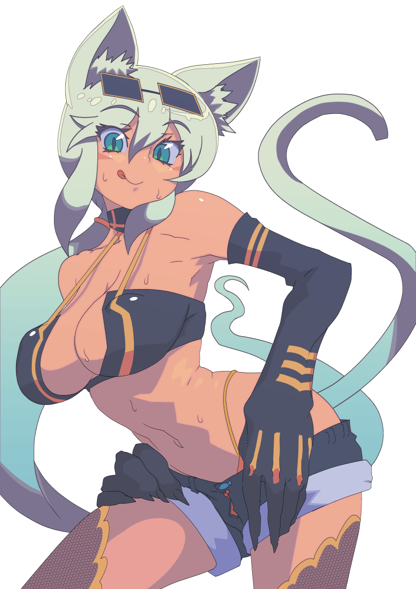 :p, animal_ears, aqua_eyes, aqua_hair, bare_shoulders, breasts, cat_ears, cat_tail
