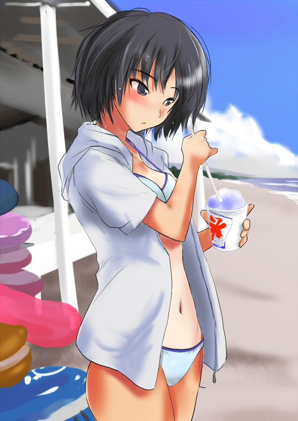 1girl, amagami, beach, bikini, black_eyes, black_hair, blush, hoodie