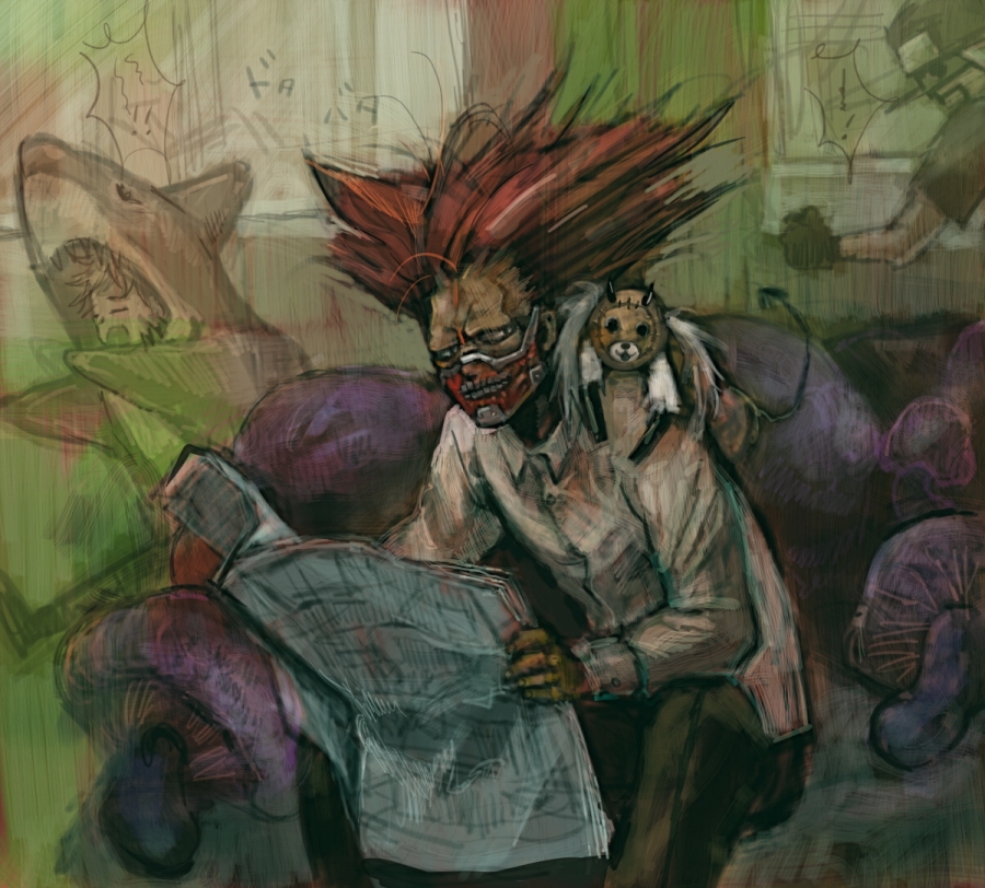 2boys, animal_costume, closed_eyes, couch, dorohedoro, ebisu_(dorohedoro), en, eyes_closed, fujita_(dorohedoro), gloves, hat, kikurage_(dorohedoro), mask, messy_hair, multiple_boys, mushroom, newspaper, open_mouth, red_hair, redhead, shark, shirt, smile, suka_k, teeth