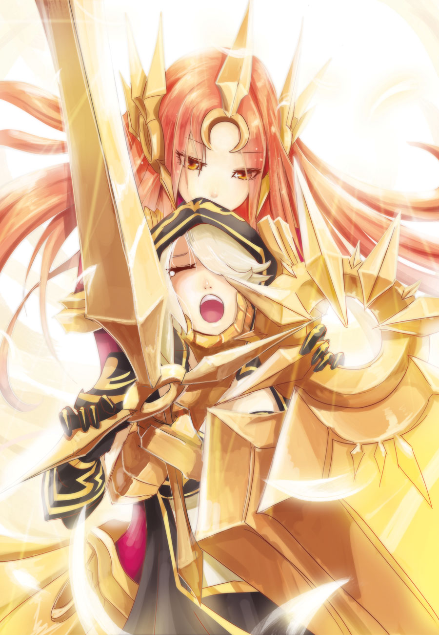 armor, ashe, ashe_(league_of_legends), beancurd, bikini_top, brown_eyes, brown_hair, cloak, closed_eyes, crying, ear_protection, forehead_protector, gloves, highres, hood, league_of_legends, leona, leona_(league_of_legends), long_hair, multiple_girls, shield, silver_hair, sword, tears, weapon