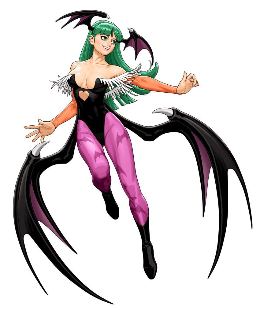1girl, bare_shoulders, bat_wings, black_footwear, black_leotard, breasts, capcom, cleavage