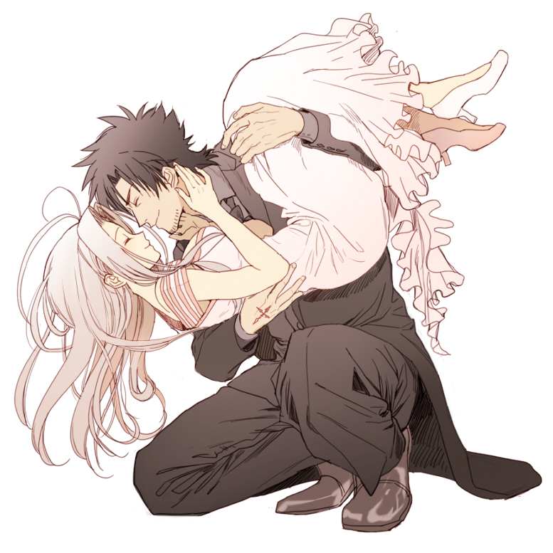 1girl, black_hair, carrying, closed_eyes, command_spell, couple, dress, emiya_kiritsugu, eyes_closed, fate/zero, fate_(series), irisviel_von_einzbern, long_hair, mcr, short_hair, simple_background, smile, squatting, white_background, white_hair