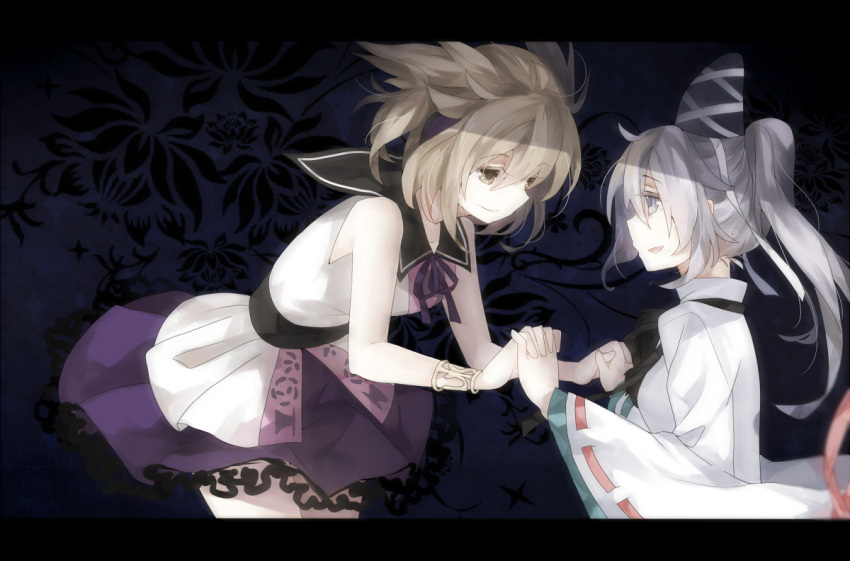 blonde_hair, bracelet, earmuffs, grey_eyes, hand_holding, hat, holding_hands, japanese_clothes