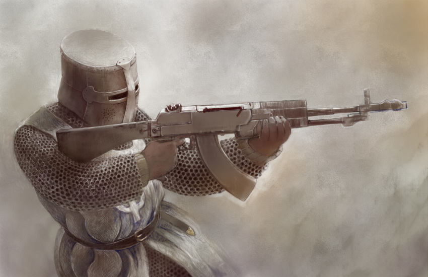 anachronism, armor, assault_rifle, belt, chainmail, copyright_request, gun, hauberk, helmet, knight, knights_templar, monochrome, rifle, sepia, simple_background, solo, tabard, toy_(toylord), weapon