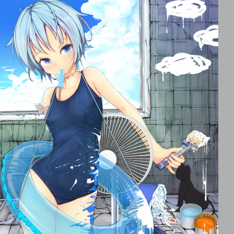 amputee, bandage, bandages, blue_eyes, blue_hair, blue_swimsuit, cat, fan