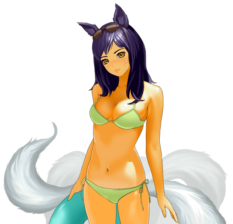 ahri, animal_ears, bikini, blush, breasts, cleavage, facial_mark, fox_ears