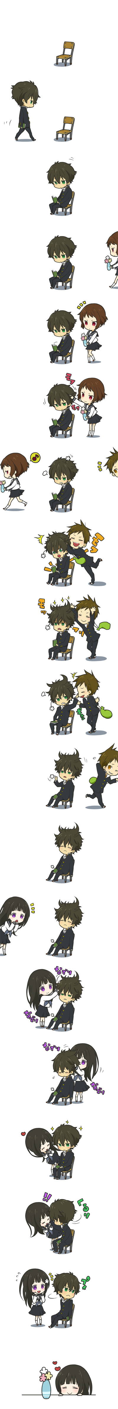 2girls, absurdres, black_hair, blush, brown_eyes, brown_hair, chair, chitanda_eru