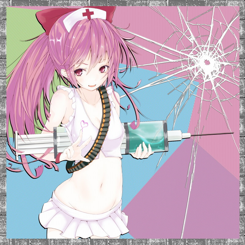 ammunition_belt, bandolier, bikini, bikini_skirt, border, breasts, cleavage, frilled_bikini
