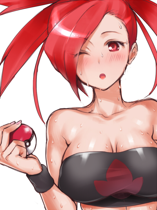 :o, adapted_costume, akira_(natsumemo), asuna_(pokemon), bandeau, blush, breasts, bust