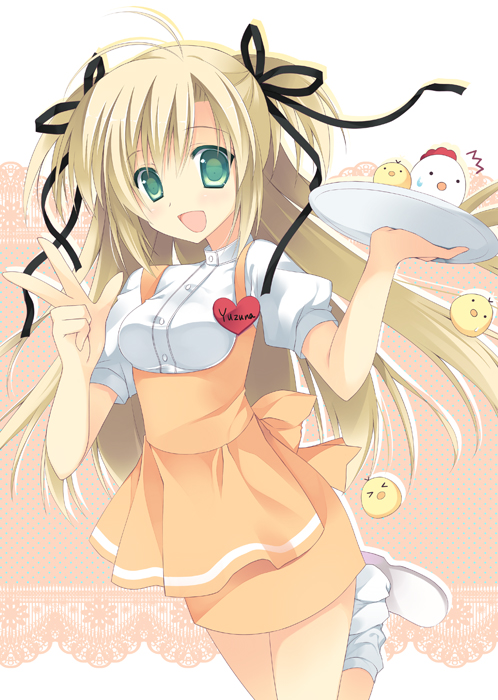 >_<, /\/\/\, 1girl, :d, anna_miller, bird, blonde_hair, chick