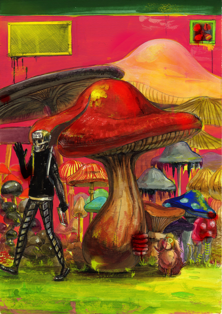 dorohedoro, ebisu_(dorohedoro), grass, kikurage_(dorohedoro), mask, mixed_media, mushroom, scythe