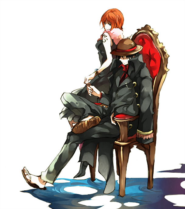 1girl, black_hair, chair, couple, dress, formal, hat, monkey_d_luffy