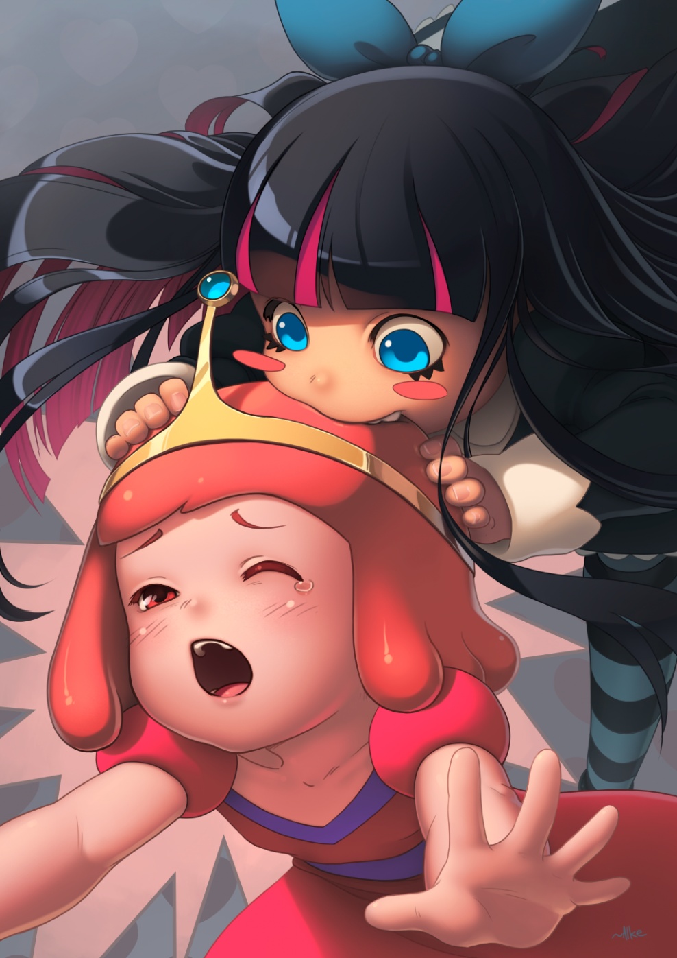 adventure_time, alke, biting, black_hair, blue_eyes, blush, blush_stickers, bow