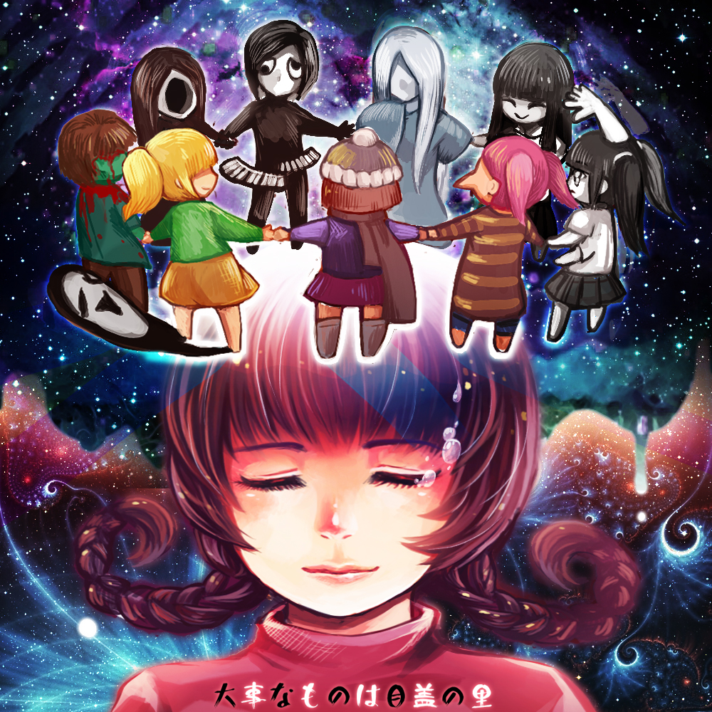 brown_eyes, brown_hair, closed_eyes, everyone, extra_arms, eyes_closed, hand_holding, hat