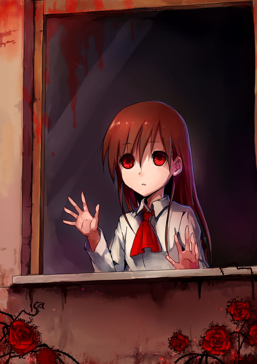 ascot, blood, eve_(ib), flower, hand_on_window, highres, ib, ib_(ib)