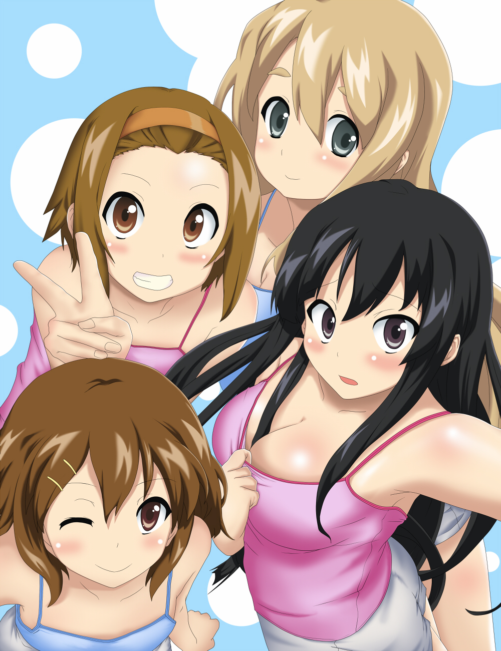 4girls, akiyama_mio, anonimasu, bad_id, black_eyes, black_hair, blonde_hair, blue_eyes